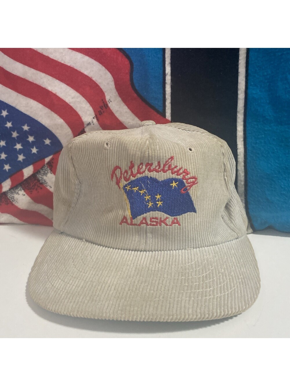 Vintage Alaska Corduroy OFF-White Cap Hat Snapback RARE Petersburg Needs A Wash